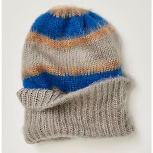 Free People Cozy In Stripes Beanie Gray Blue NWT
